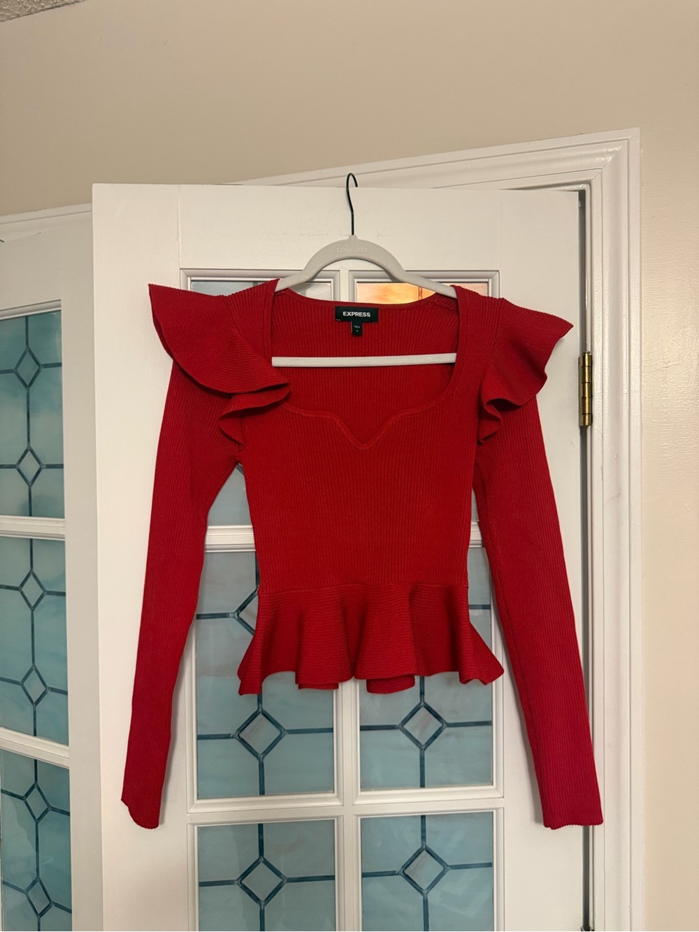 Express Red Ruffle Peplum Sweater Top WORN ONCE FOR PHOTOS